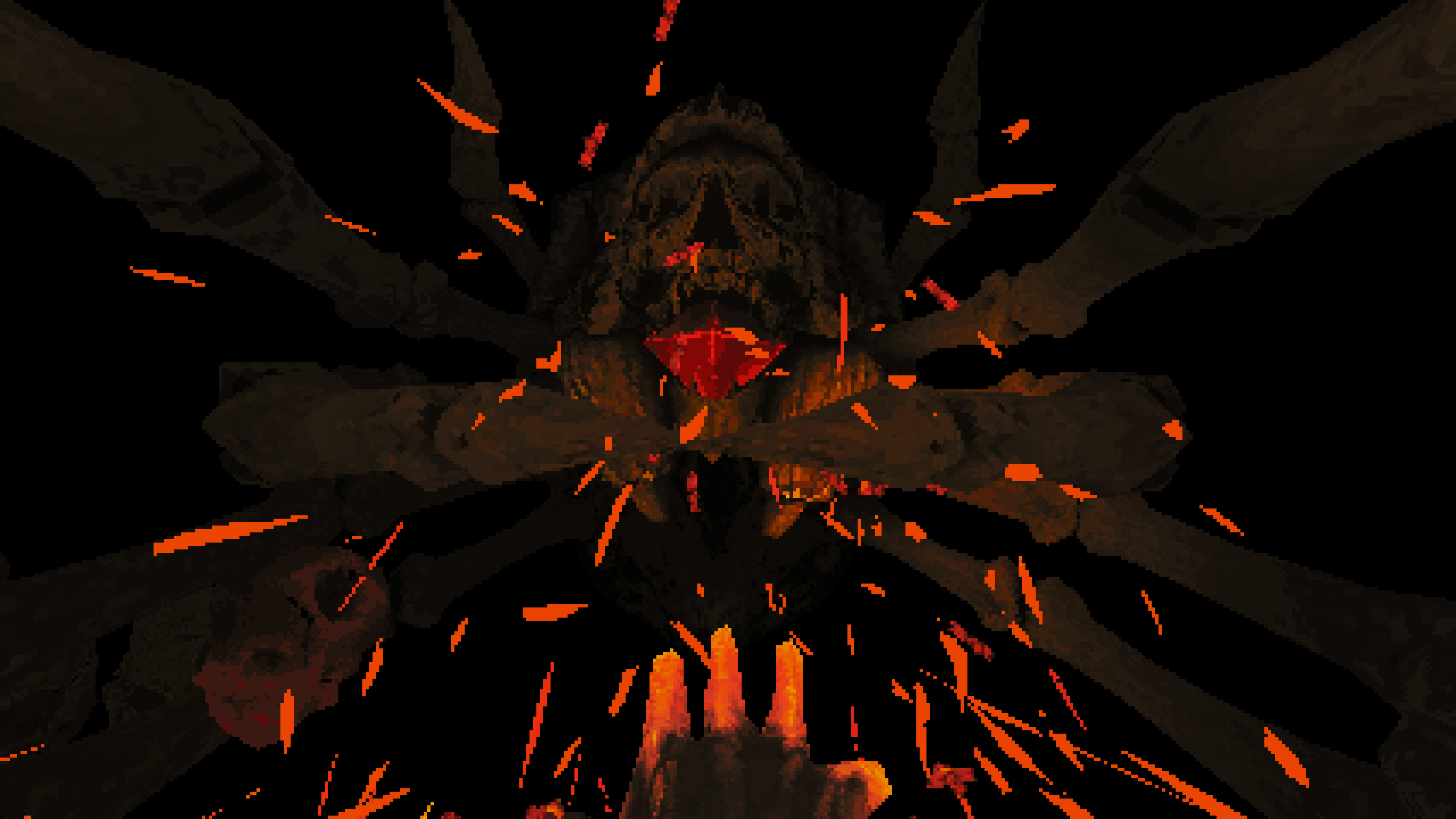 The player in Devil Daggers shots knives into a spider shaped like a skull
